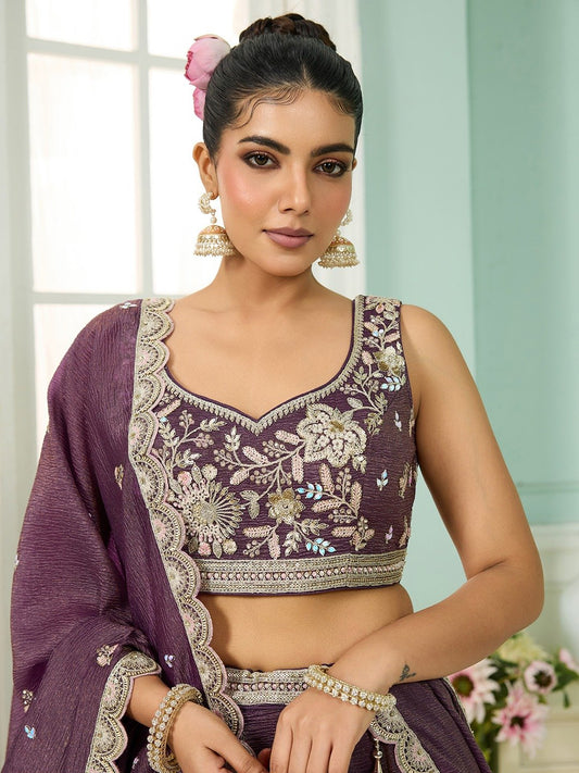 Purple- Tissue Fabric Sequins embroidery Semi-Stitched Lehenga & Unstitched Blouse With Dupatta