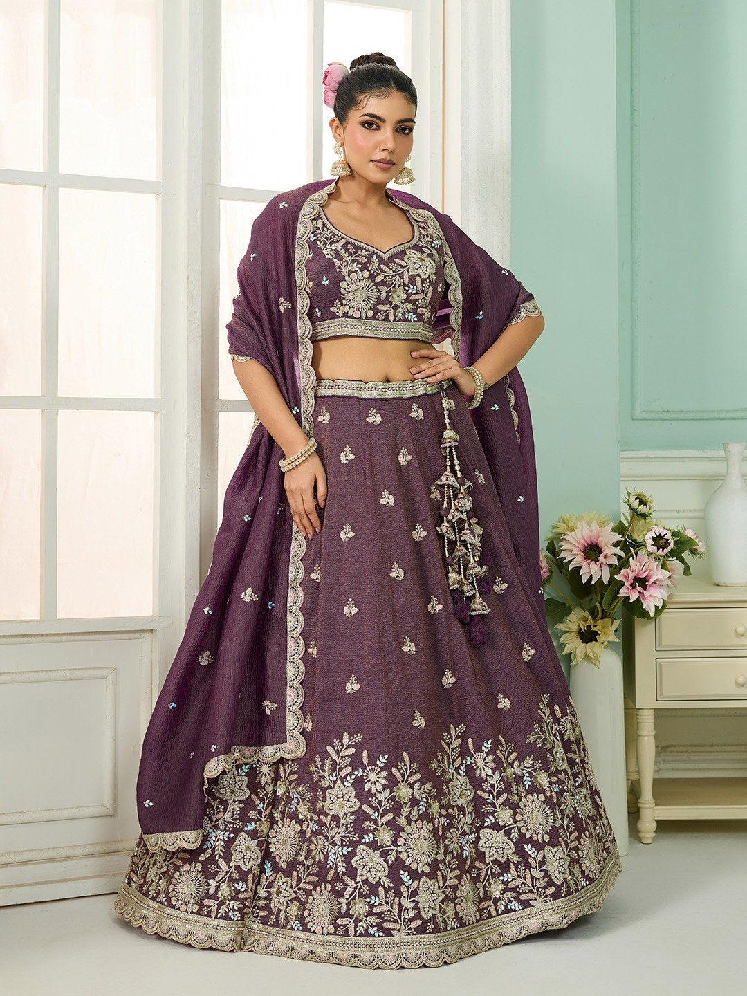Purple- Tissue Fabric Sequins embroidery Semi-Stitched Lehenga & Unstitched Blouse With Dupatta