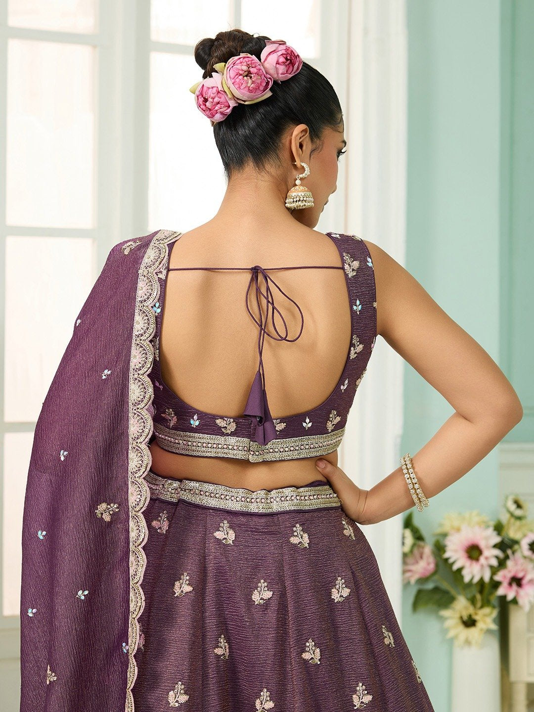 Purple- Tissue Fabric Sequins embroidery Semi-Stitched Lehenga & Unstitched Blouse With Dupatta