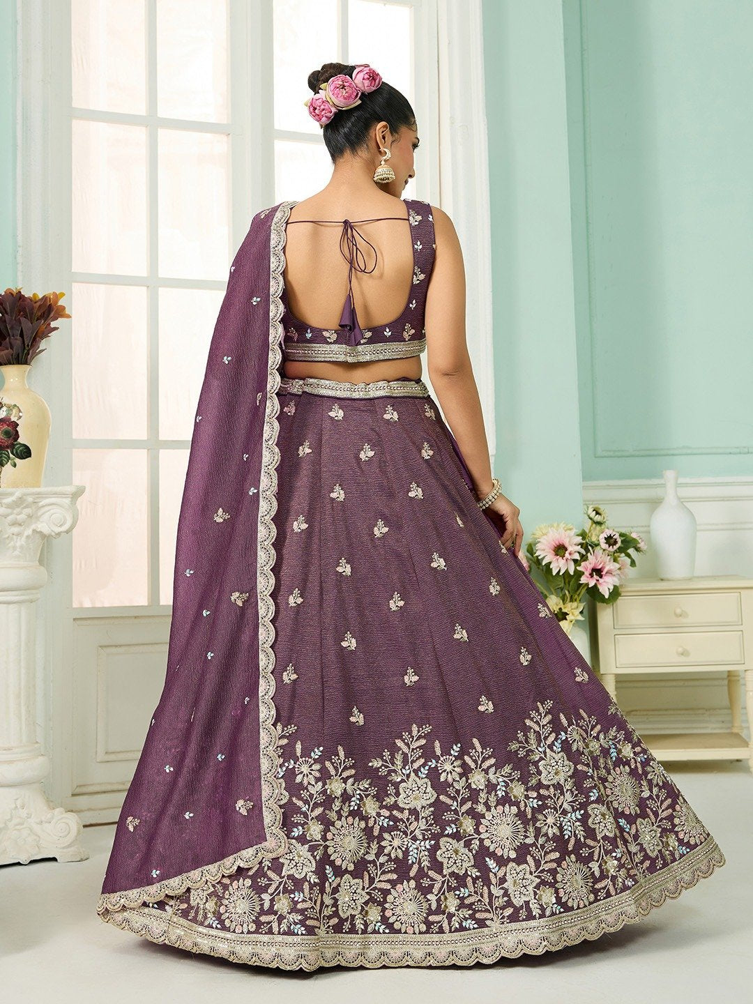 Purple- Tissue Fabric Sequins embroidery Semi-Stitched Lehenga & Unstitched Blouse With Dupatta