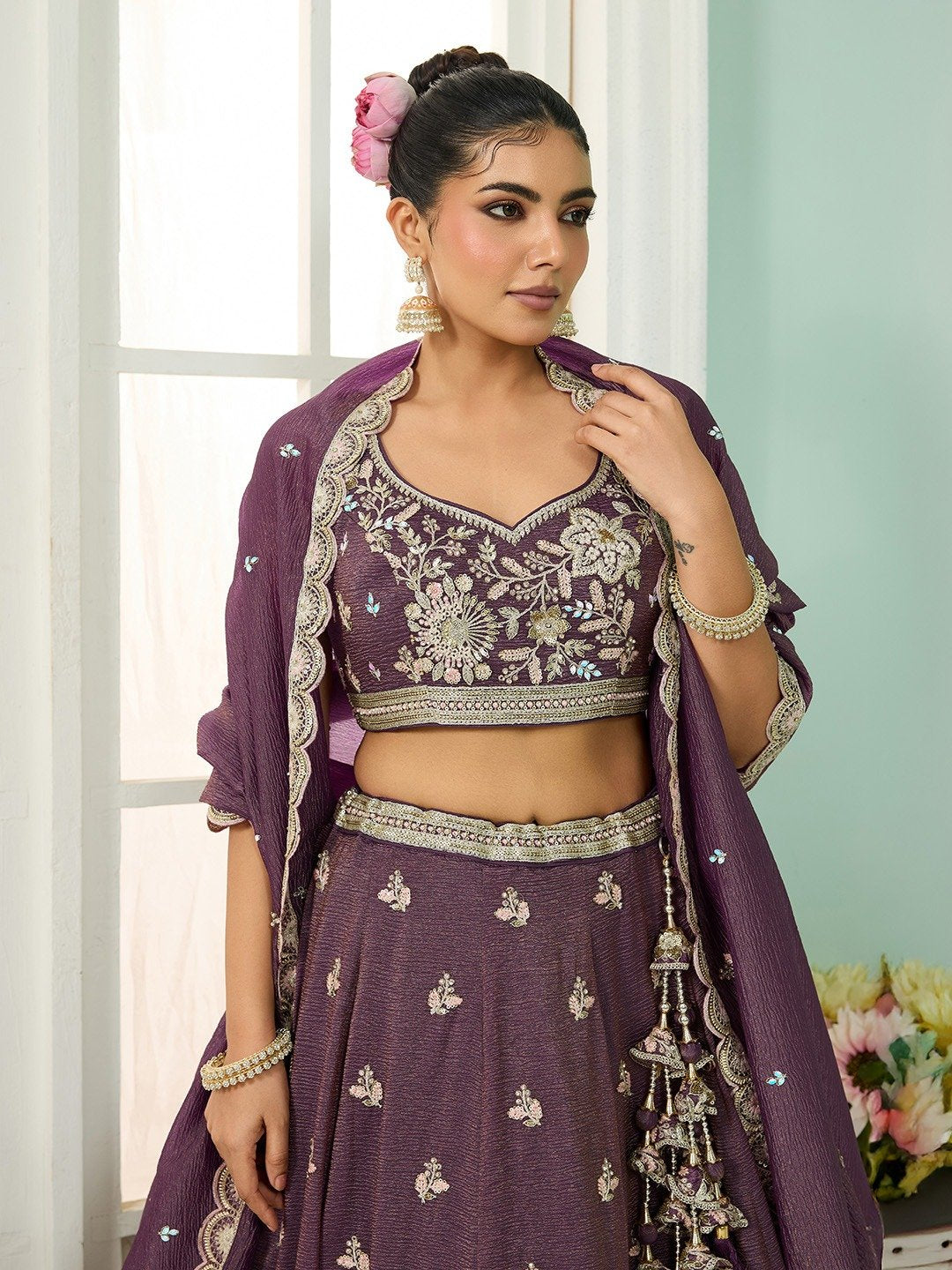 Purple- Tissue Fabric Sequins embroidery Semi-Stitched Lehenga & Unstitched Blouse With Dupatta