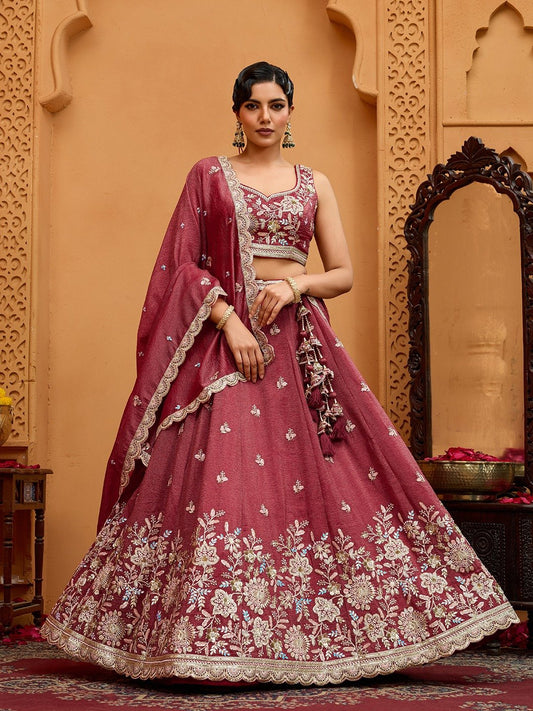 Rosegold- Tissue Fabric Sequins embroidery Semi-Stitched Lehenga & Unstitched Blouse With Dupatta