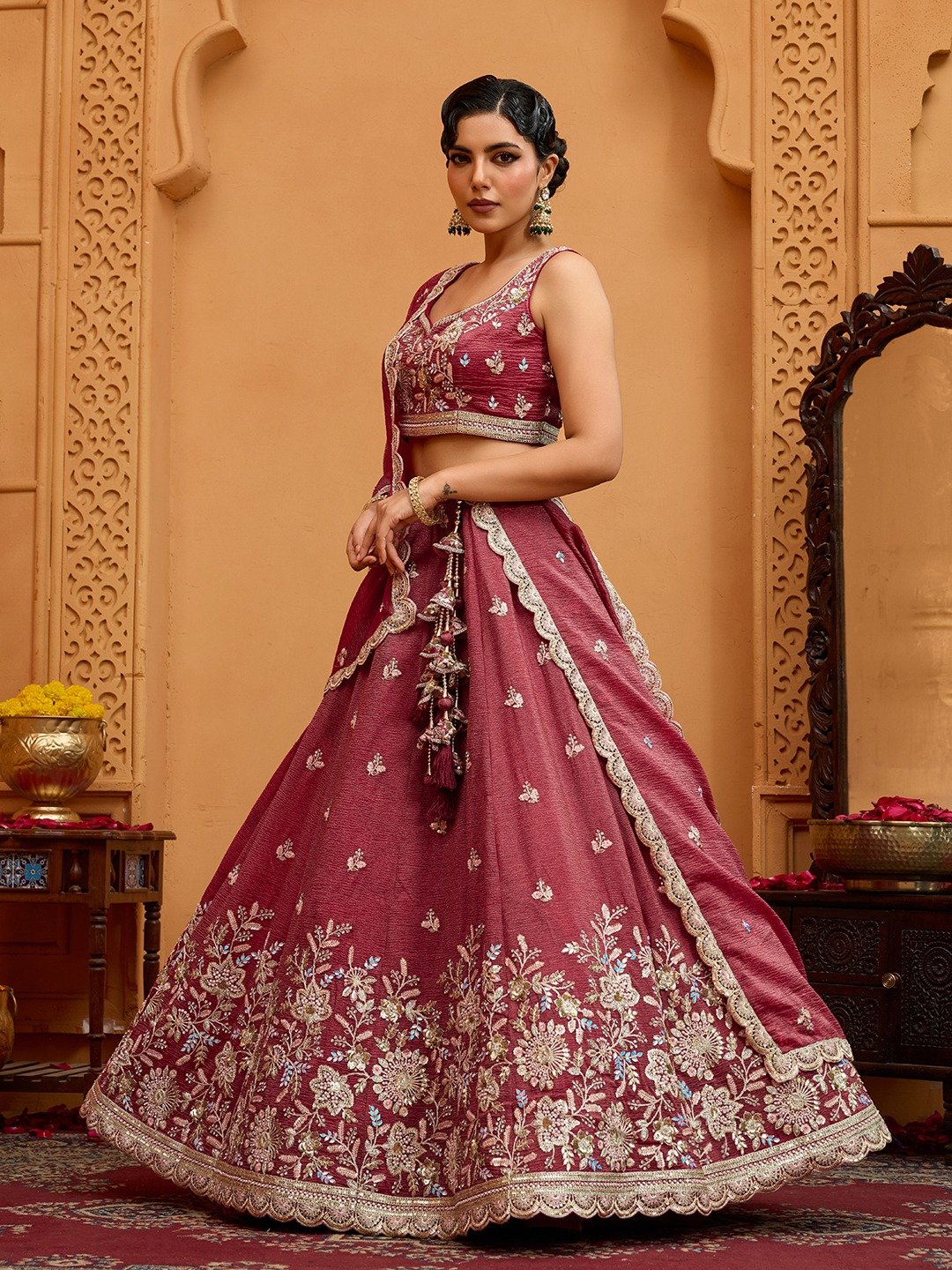 Rosegold- Tissue Fabric Sequins embroidery Semi-Stitched Lehenga & Unstitched Blouse With Dupatta