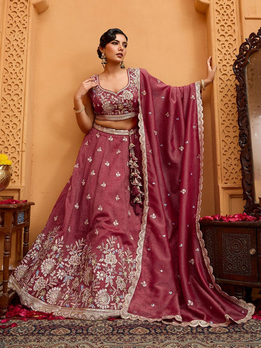 Rosegold- Tissue Fabric Sequins embroidery Semi-Stitched Lehenga & Unstitched Blouse With Dupatta