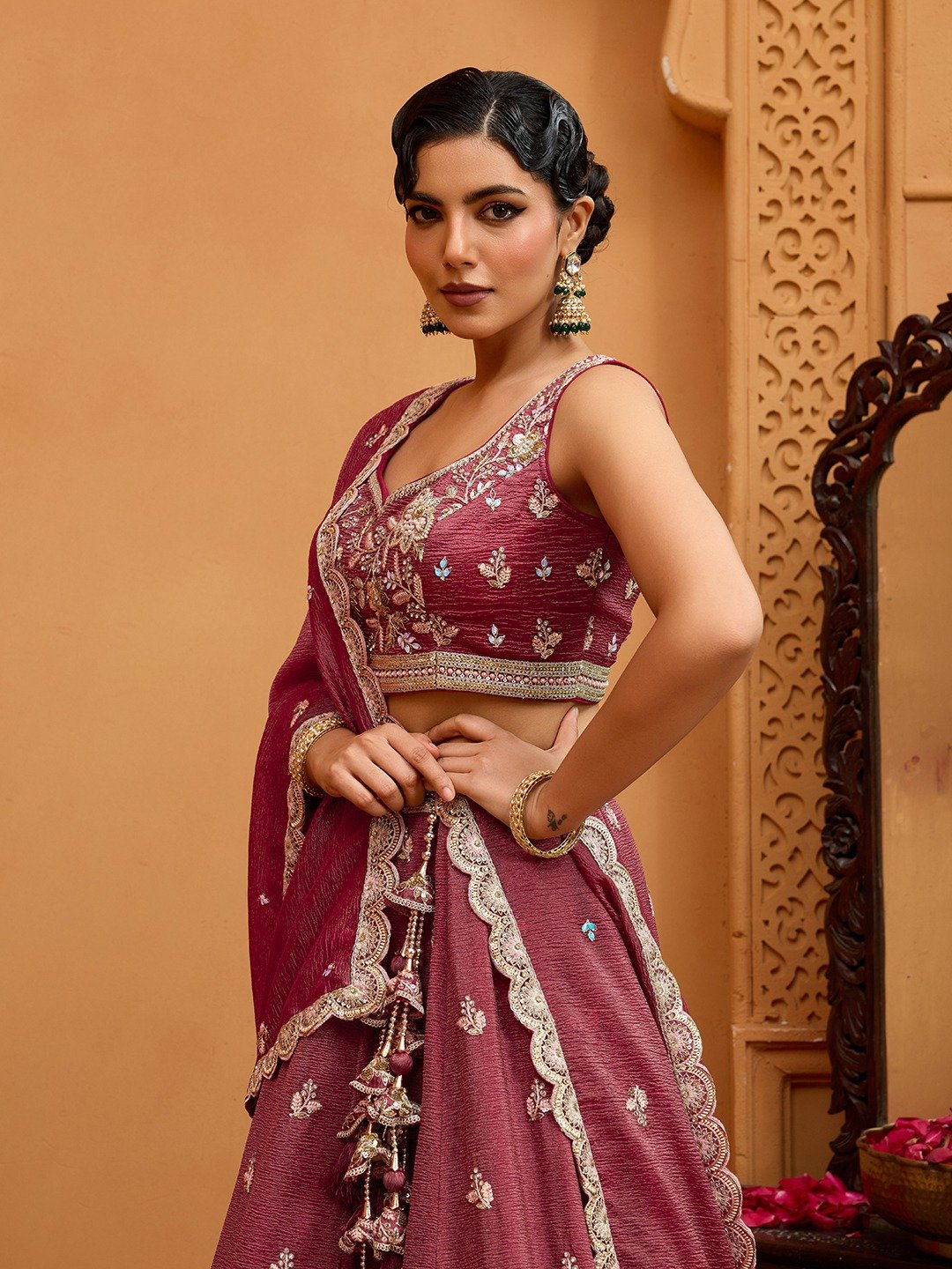 Rosegold- Tissue Fabric Sequins embroidery Semi-Stitched Lehenga & Unstitched Blouse With Dupatta