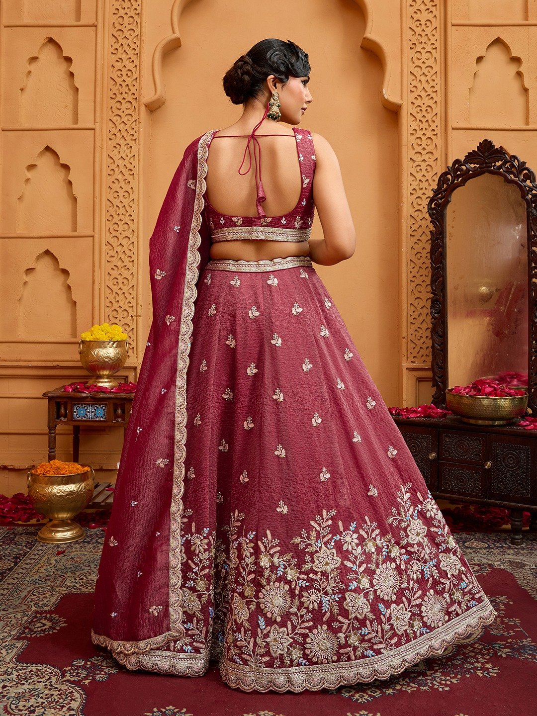 Rosegold- Tissue Fabric Sequins embroidery Semi-Stitched Lehenga & Unstitched Blouse With Dupatta