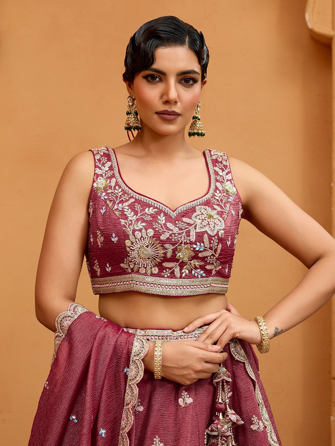 Rosegold- Tissue Fabric Sequins embroidery Semi-Stitched Lehenga & Unstitched Blouse With Dupatta