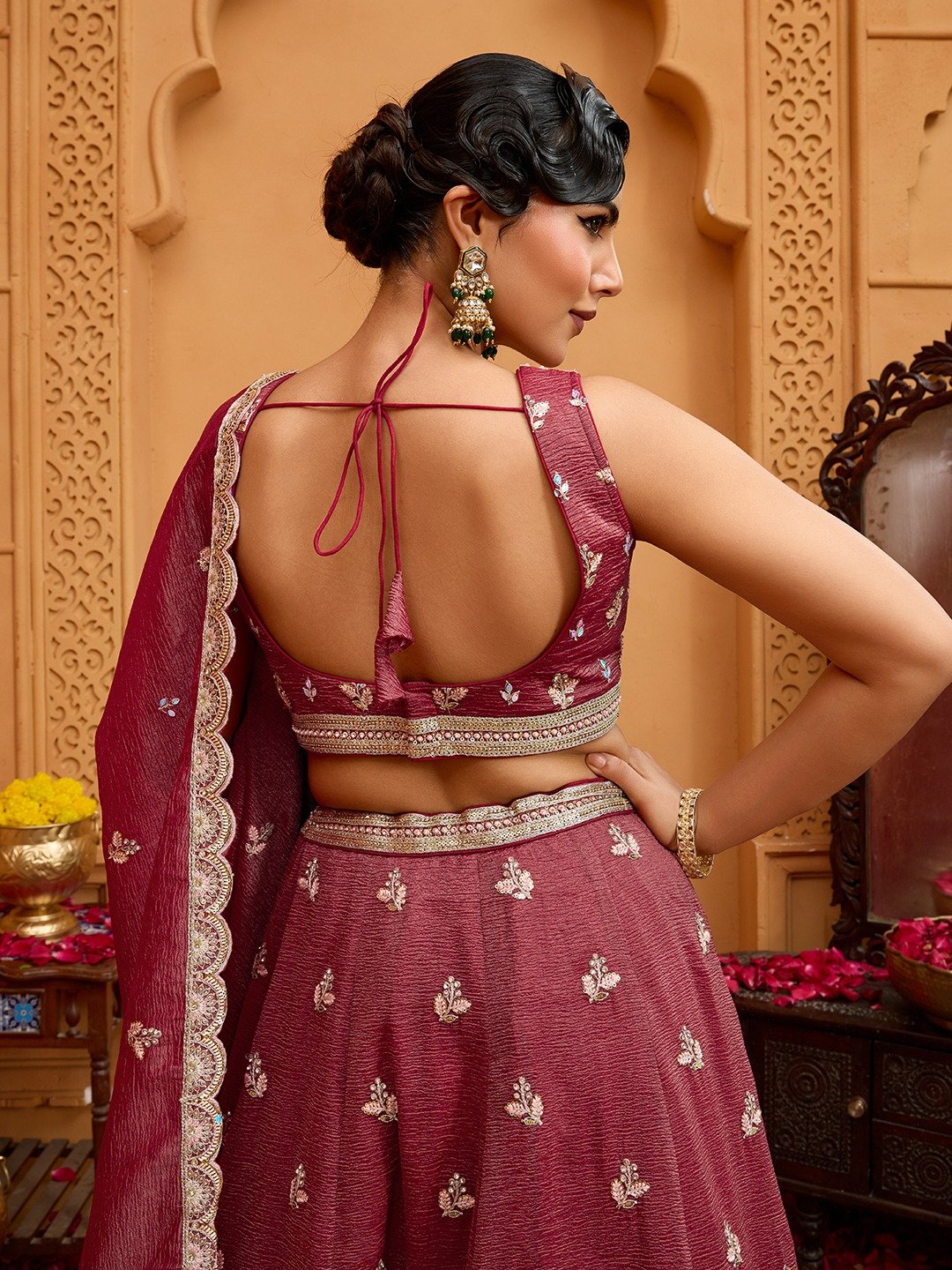 Rosegold- Tissue Fabric Sequins embroidery Semi-Stitched Lehenga & Unstitched Blouse With Dupatta