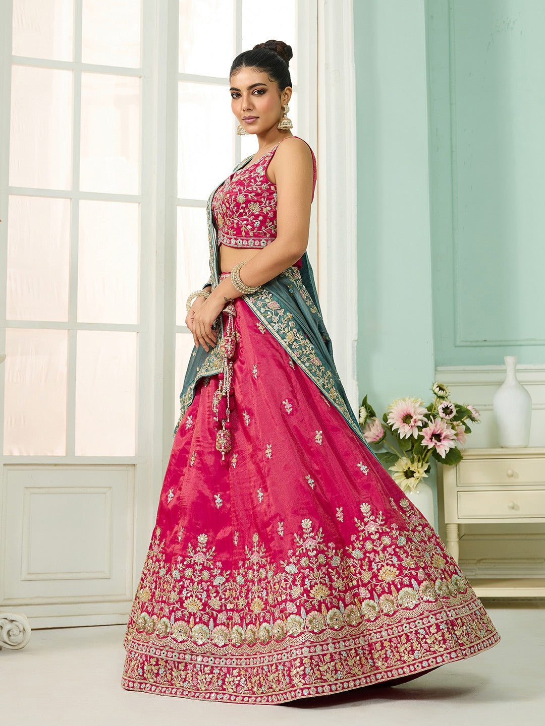Pink- Silk Fabric Sequins embroidery Semi-Stitched Lehenga & Unstitched Blouse With Dupatta