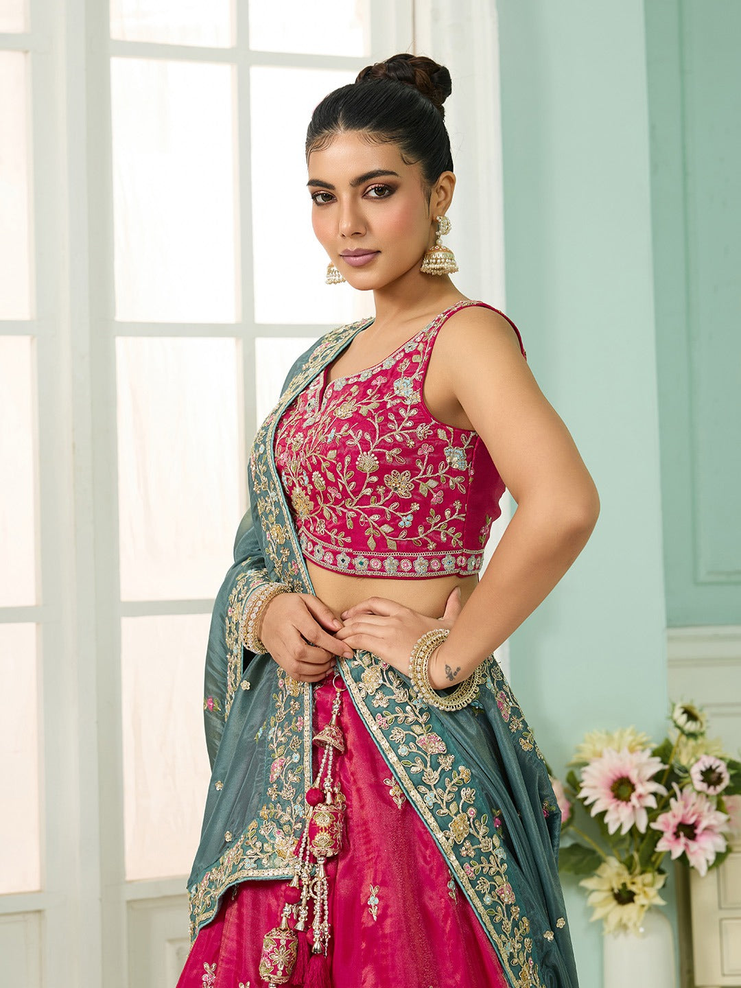 Pink- Silk Fabric Sequins embroidery Semi-Stitched Lehenga & Unstitched Blouse With Dupatta