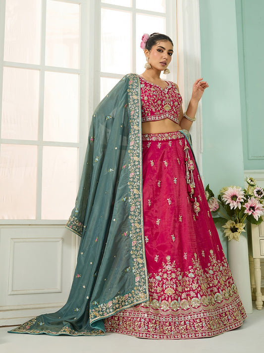 Pink- Silk Fabric Sequins embroidery Semi-Stitched Lehenga & Unstitched Blouse With Dupatta