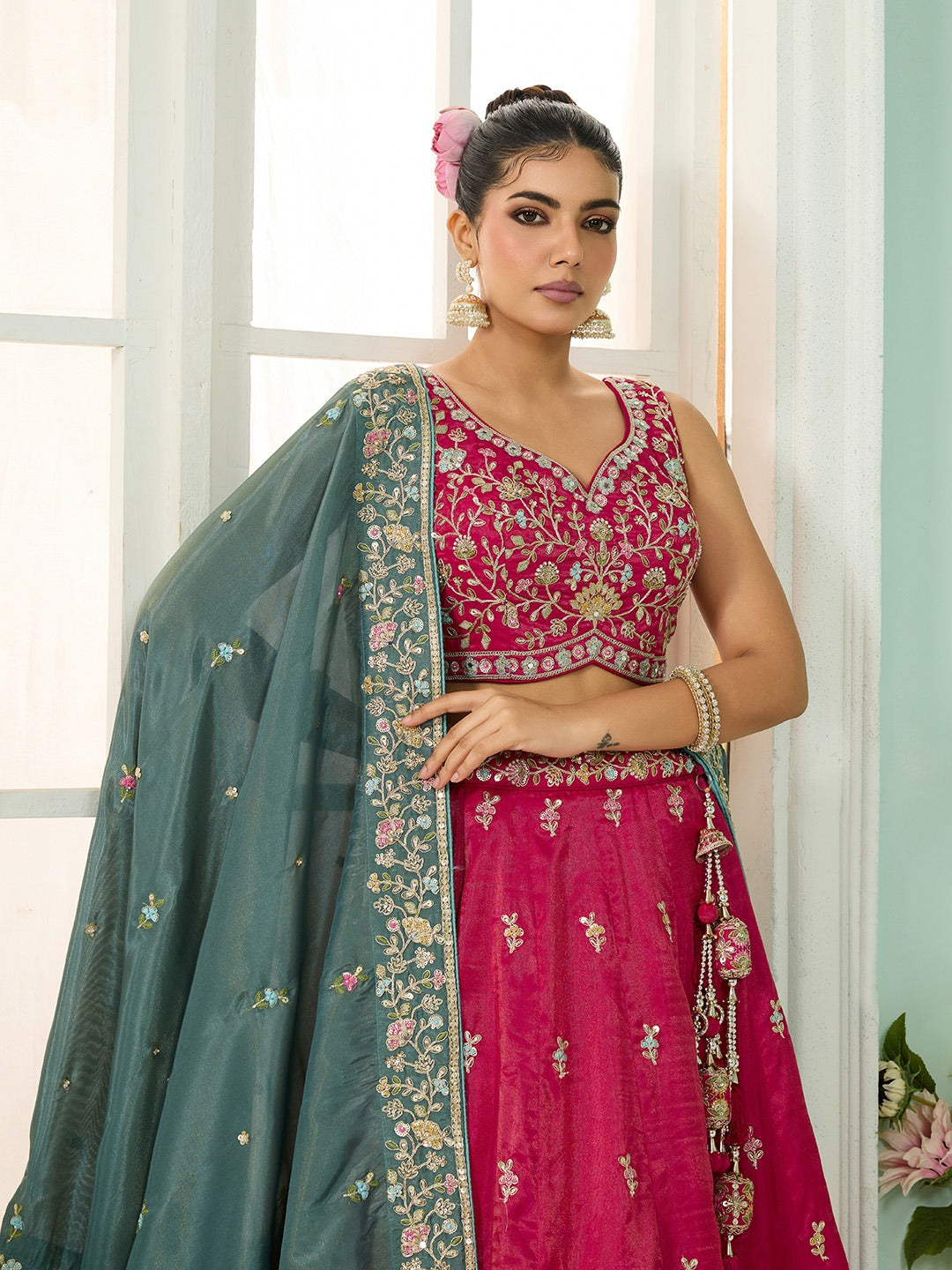 Pink- Silk Fabric Sequins embroidery Semi-Stitched Lehenga & Unstitched Blouse With Dupatta