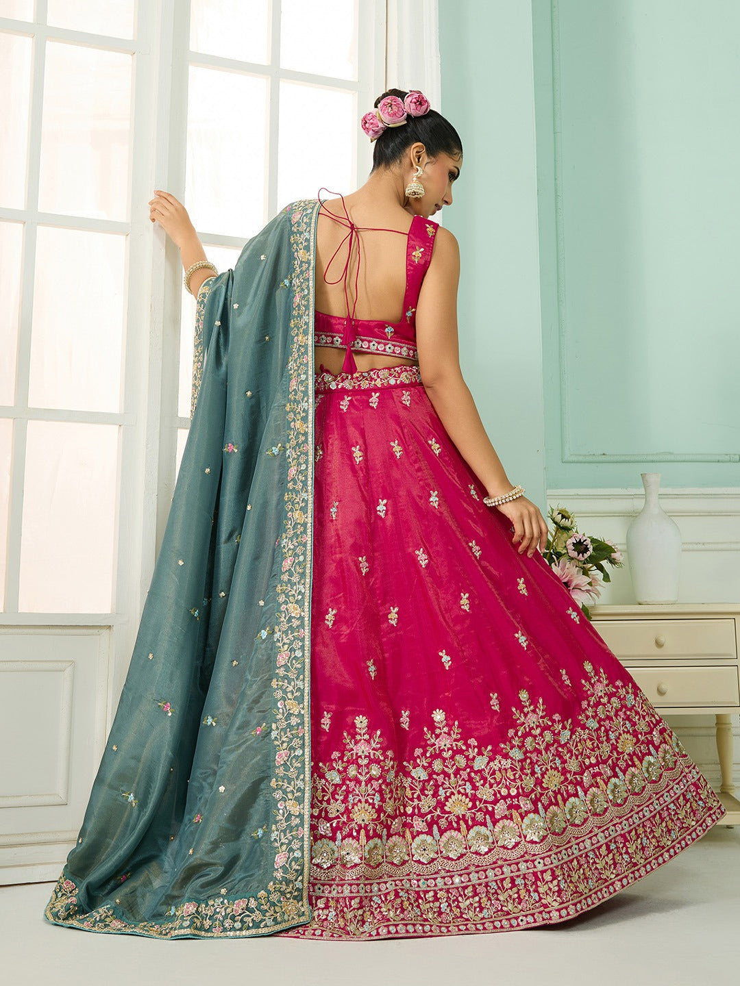 Pink- Silk Fabric Sequins embroidery Semi-Stitched Lehenga & Unstitched Blouse With Dupatta