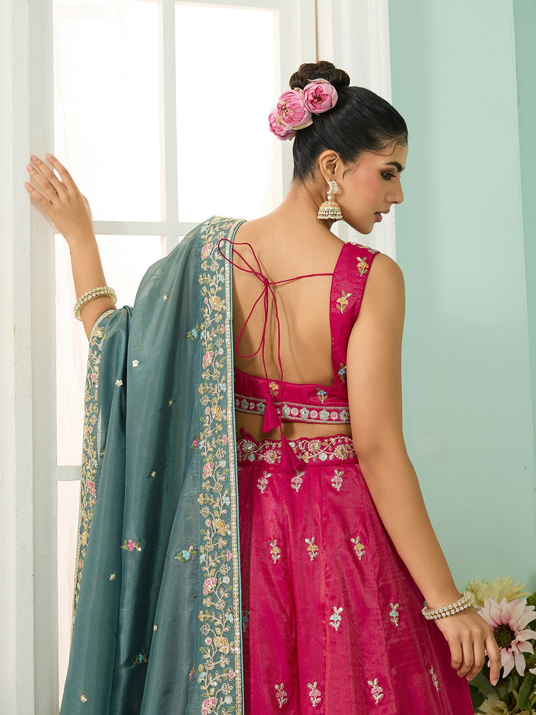 Pink- Silk Fabric Sequins embroidery Semi-Stitched Lehenga & Unstitched Blouse With Dupatta