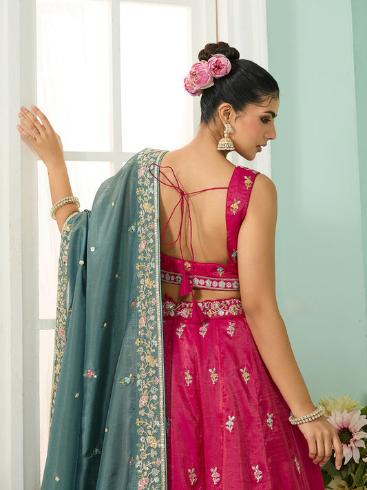 Pink- Silk Fabric Sequins embroidery Semi-Stitched Lehenga & Unstitched Blouse With Dupatta