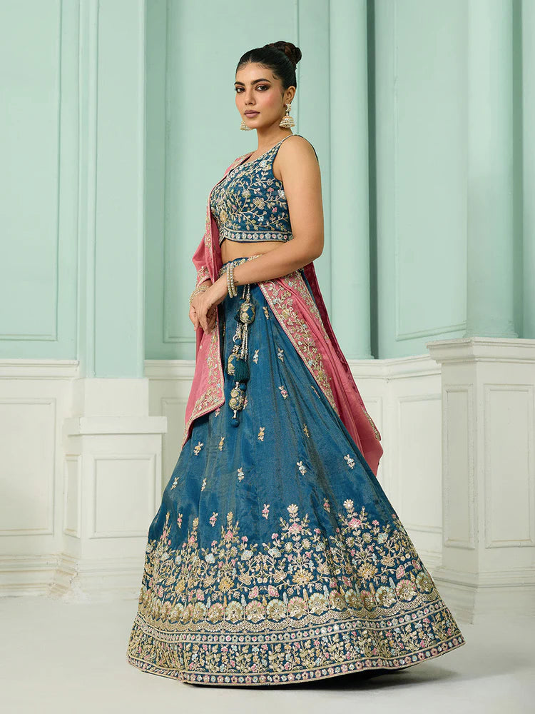 Teal- Silk Fabric Sequins embroidery Semi-Stitched Lehenga & Unstitched Blouse With Dupatta