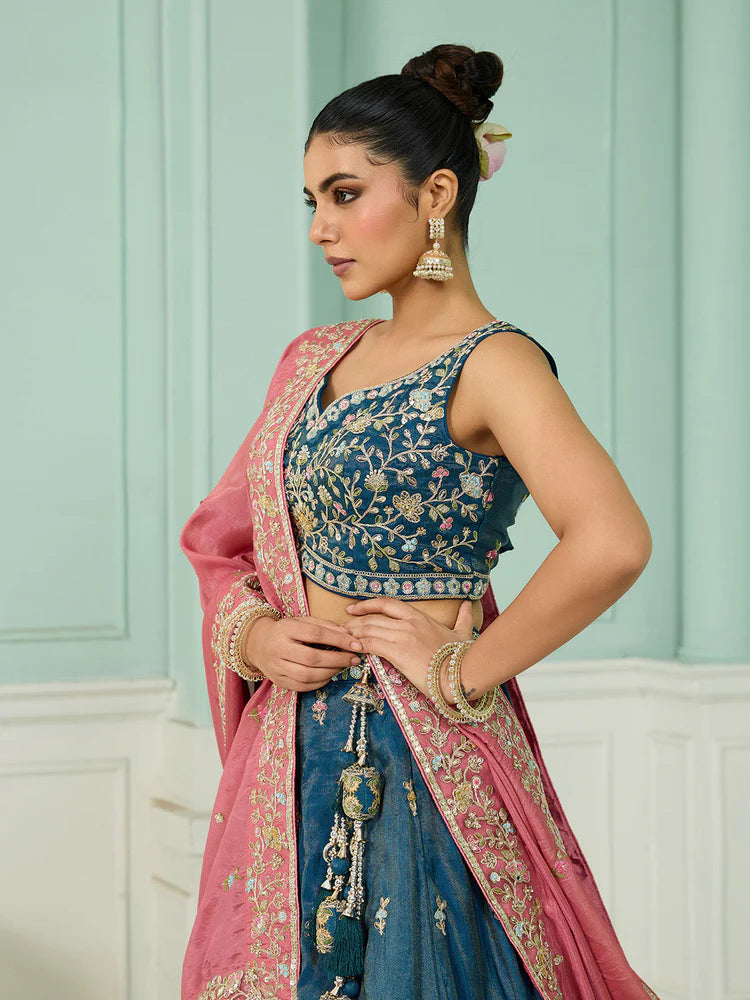 Teal- Silk Fabric Sequins embroidery Semi-Stitched Lehenga & Unstitched Blouse With Dupatta