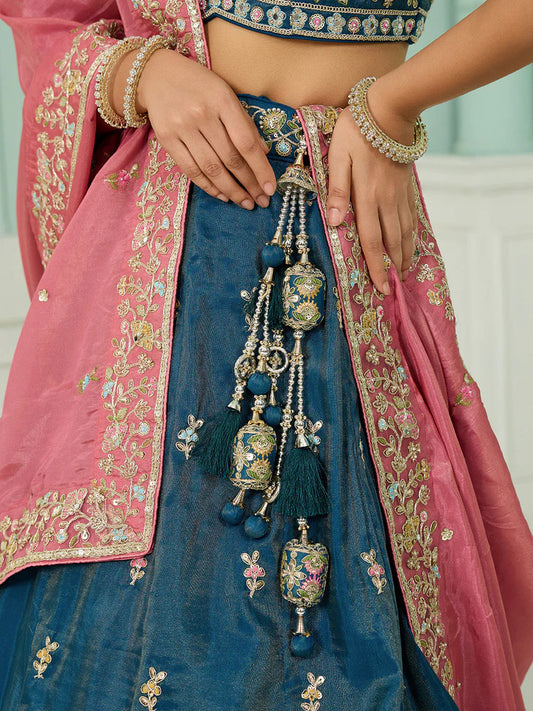 Teal- Silk Fabric Sequins embroidery Semi-Stitched Lehenga & Unstitched Blouse With Dupatta