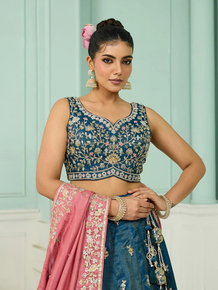 Teal- Silk Fabric Sequins embroidery Semi-Stitched Lehenga & Unstitched Blouse With Dupatta