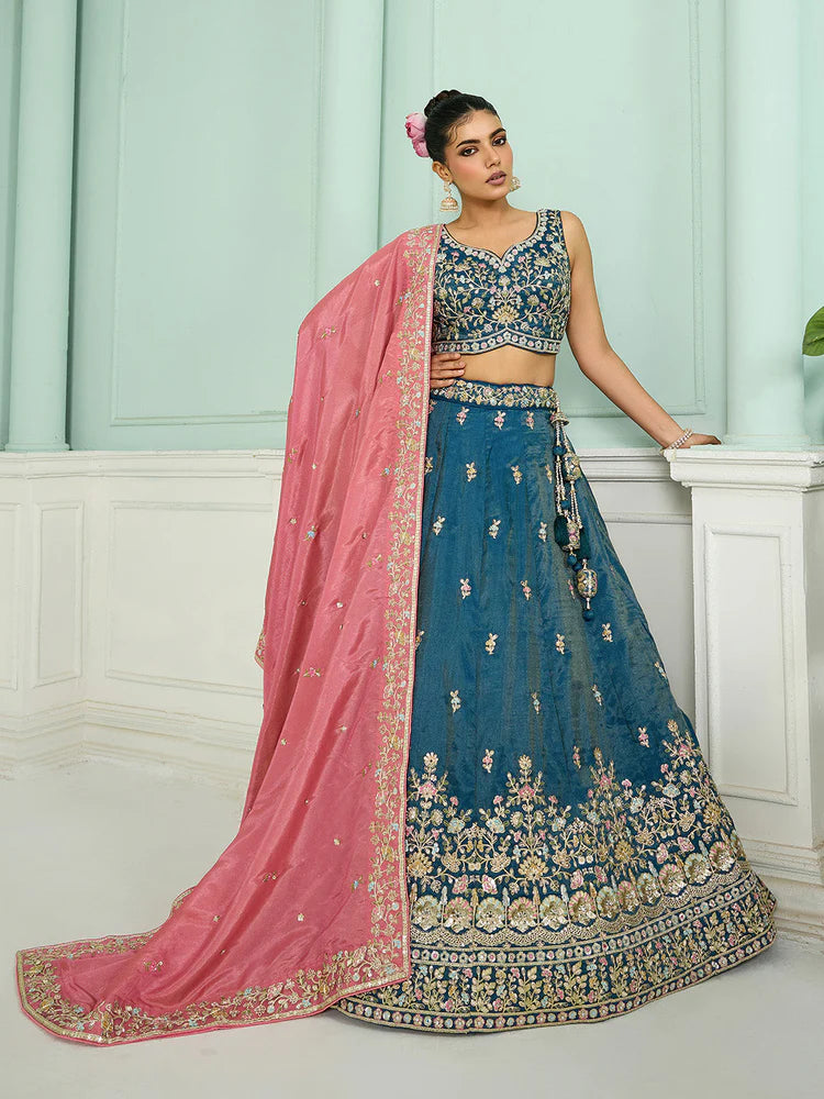 Teal- Silk Fabric Sequins embroidery Semi-Stitched Lehenga & Unstitched Blouse With Dupatta
