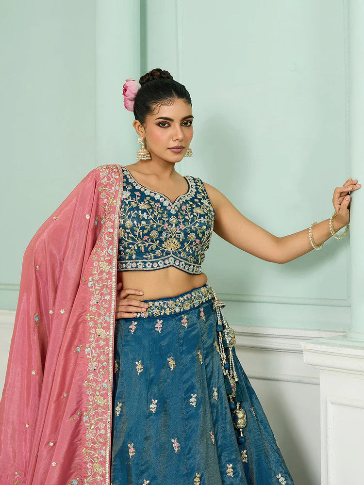 Teal- Silk Fabric Sequins embroidery Semi-Stitched Lehenga & Unstitched Blouse With Dupatta