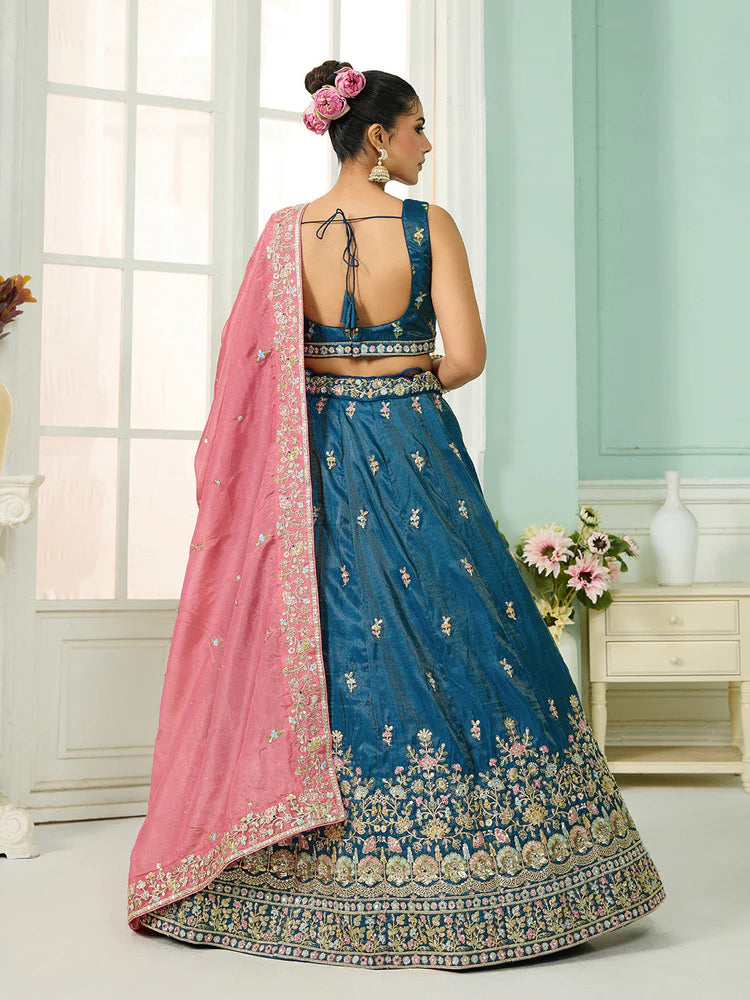Teal- Silk Fabric Sequins embroidery Semi-Stitched Lehenga & Unstitched Blouse With Dupatta