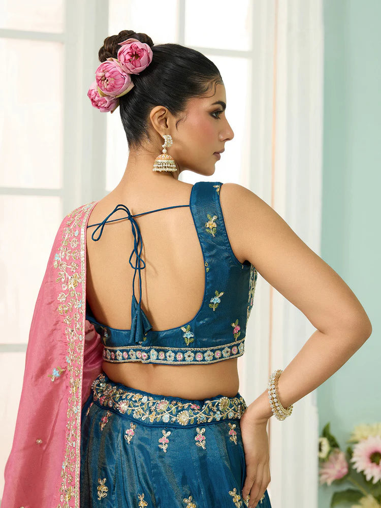 Teal- Silk Fabric Sequins embroidery Semi-Stitched Lehenga & Unstitched Blouse With Dupatta