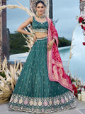 Green- Cosmos Silk Fabric Beads & Sequince Embroidered Semi-Stitched Lehenga Unstitched Blouse & Dupatta