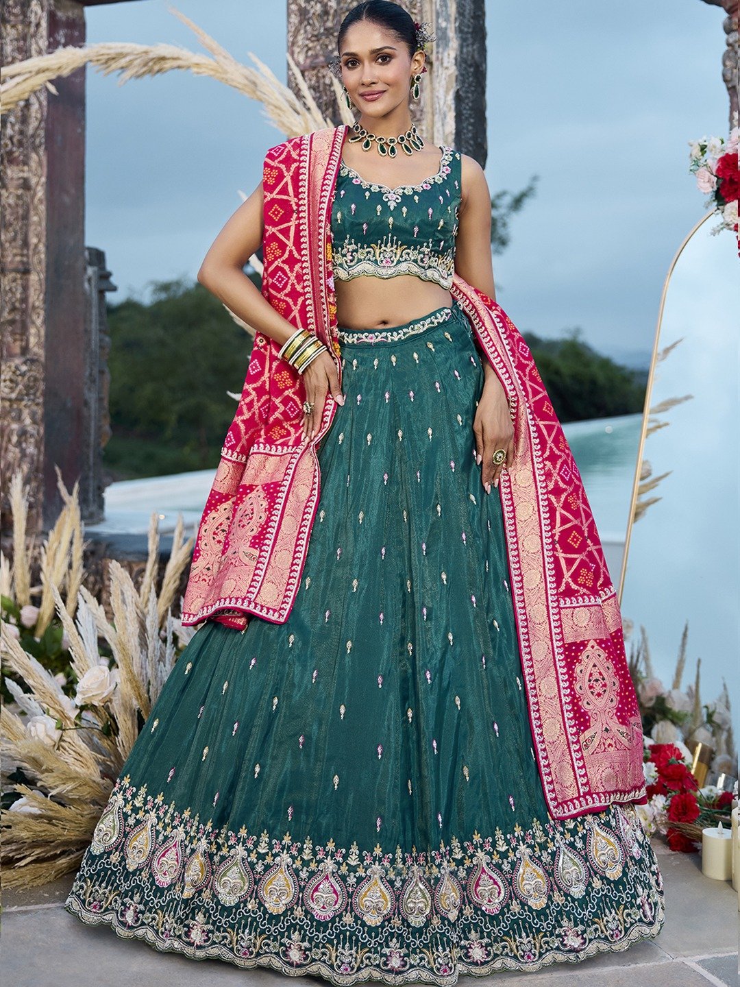 Green- Cosmos Silk Fabric Beads & Sequince Embroidered Semi-Stitched Lehenga Unstitched Blouse & Dupatta