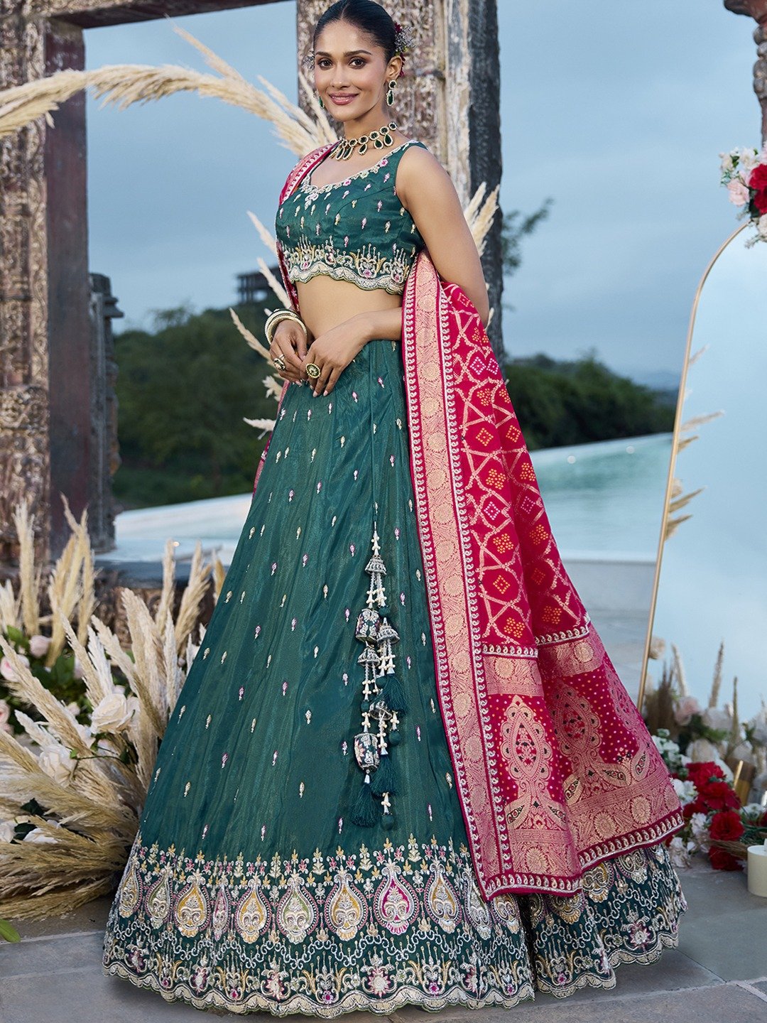 Green- Cosmos Silk Fabric Beads & Sequince Embroidered Semi-Stitched Lehenga Unstitched Blouse & Dupatta