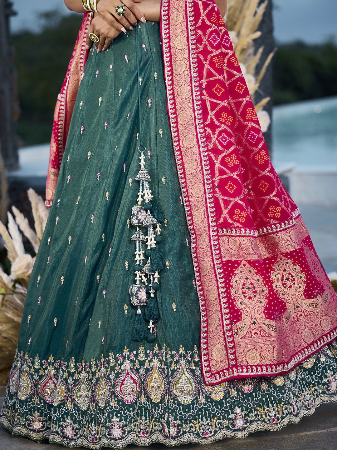 Green- Cosmos Silk Fabric Beads & Sequince Embroidered Semi-Stitched Lehenga Unstitched Blouse & Dupatta
