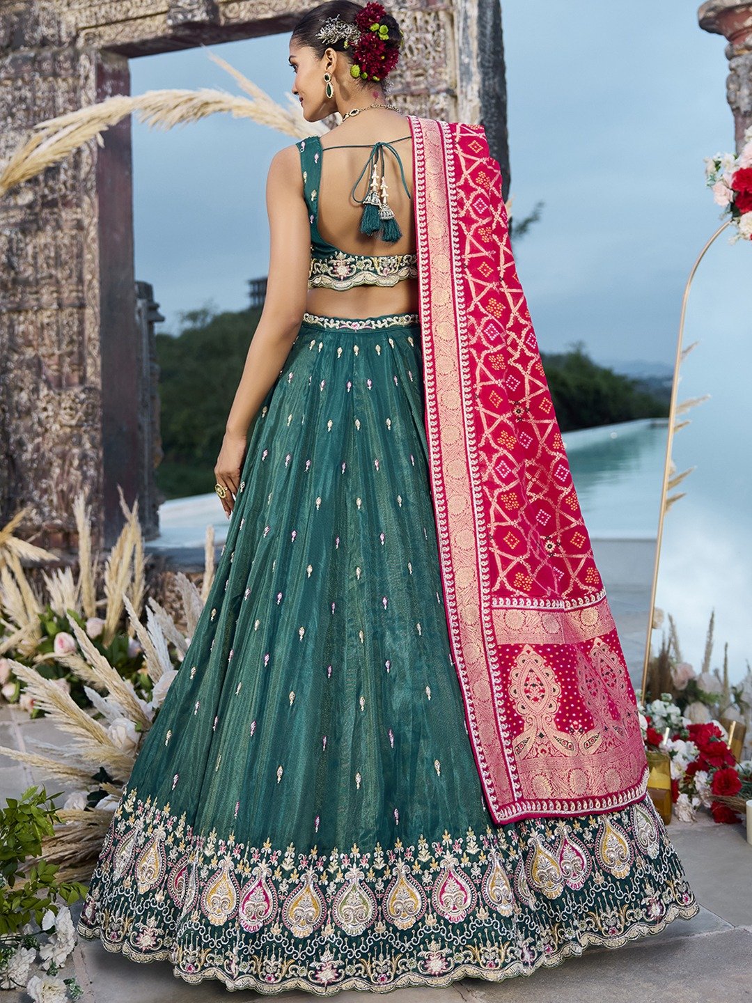 Green- Cosmos Silk Fabric Beads & Sequince Embroidered Semi-Stitched Lehenga Unstitched Blouse & Dupatta