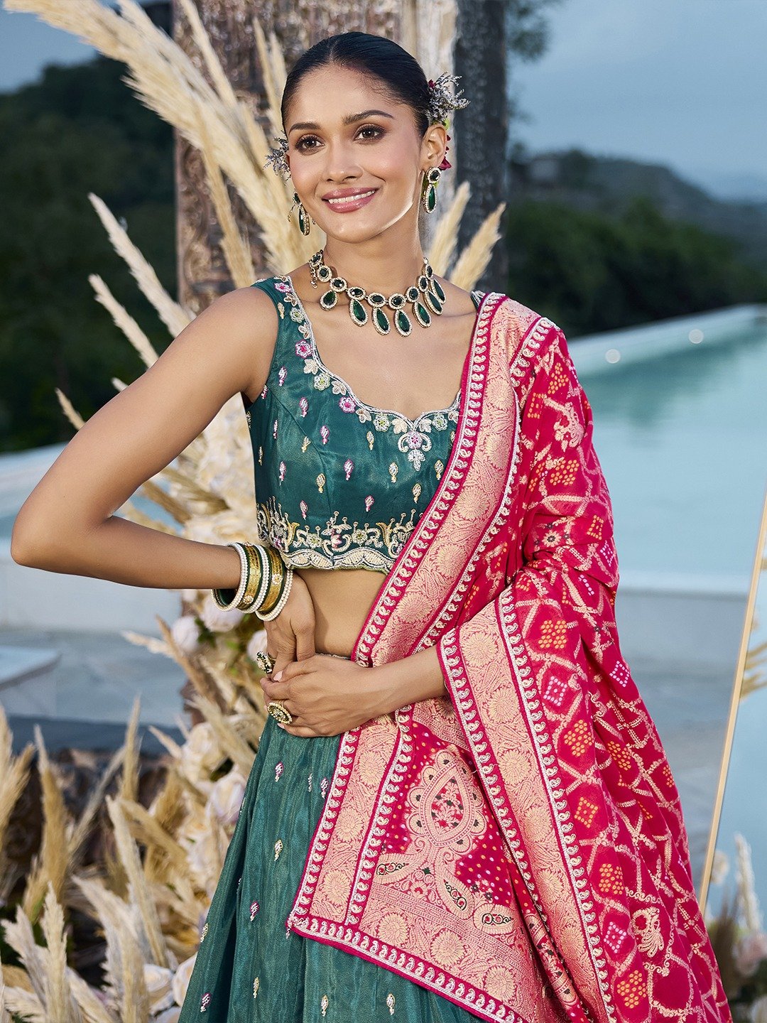 Green- Cosmos Silk Fabric Beads & Sequince Embroidered Semi-Stitched Lehenga Unstitched Blouse & Dupatta