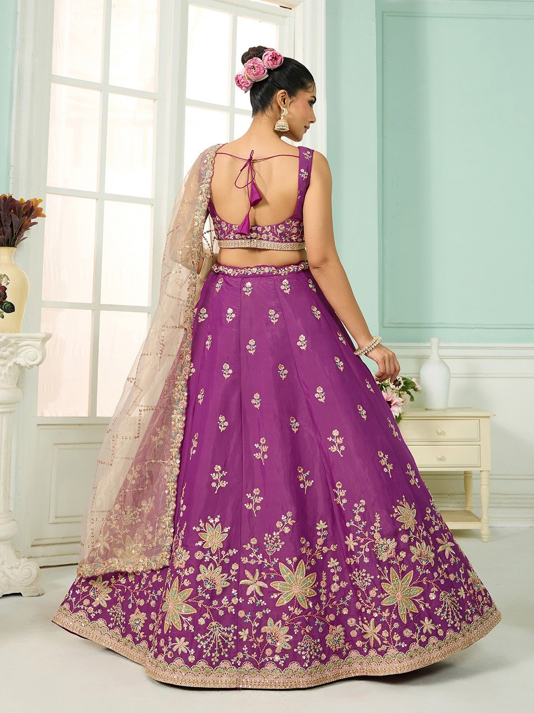 Purple- Georgette Fabric Sequins embroidery Semi-Stitched Lehenga & Unstitched Blouse With Dupatta