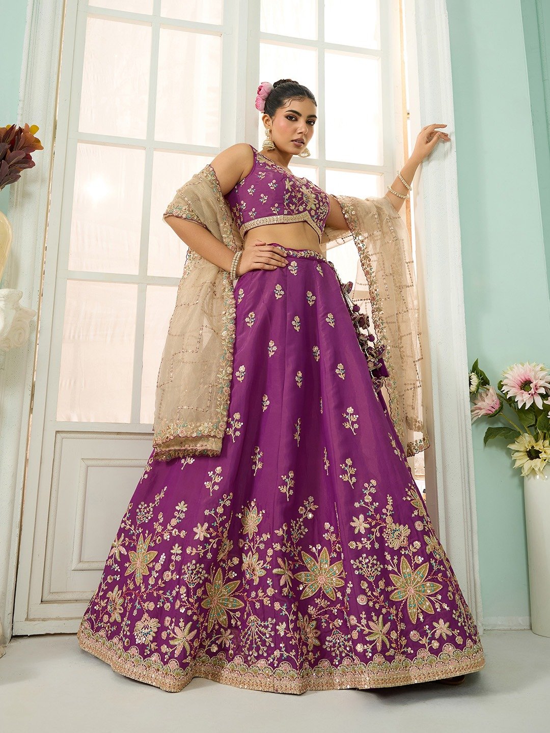 Purple- Georgette Fabric Sequins embroidery Semi-Stitched Lehenga & Unstitched Blouse With Dupatta