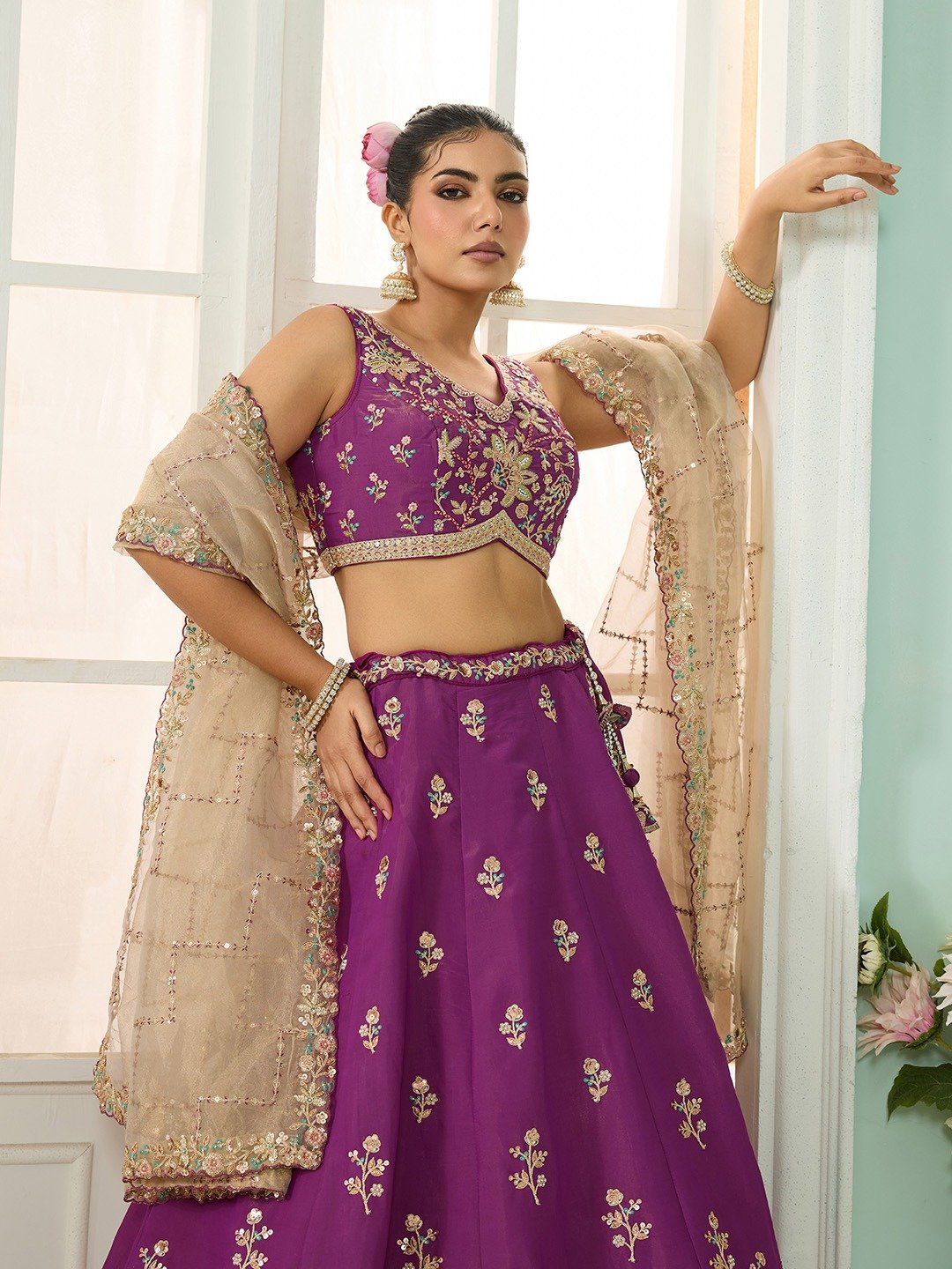 Purple- Georgette Fabric Sequins embroidery Semi-Stitched Lehenga & Unstitched Blouse With Dupatta