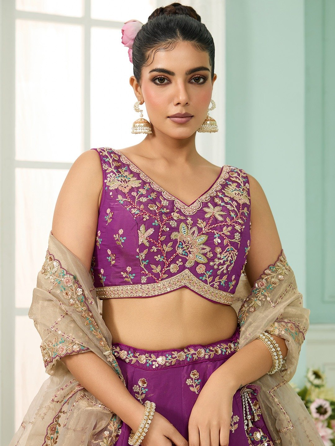 Purple- Georgette Fabric Sequins embroidery Semi-Stitched Lehenga & Unstitched Blouse With Dupatta