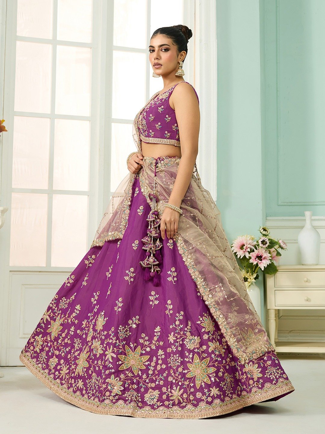 Purple- Georgette Fabric Sequins embroidery Semi-Stitched Lehenga & Unstitched Blouse With Dupatta
