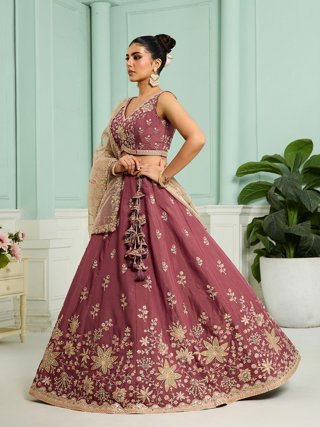 Rosegold- Georgette Fabric Sequins embroidery Semi-Stitched Lehenga & Unstitched Blouse With Dupatta