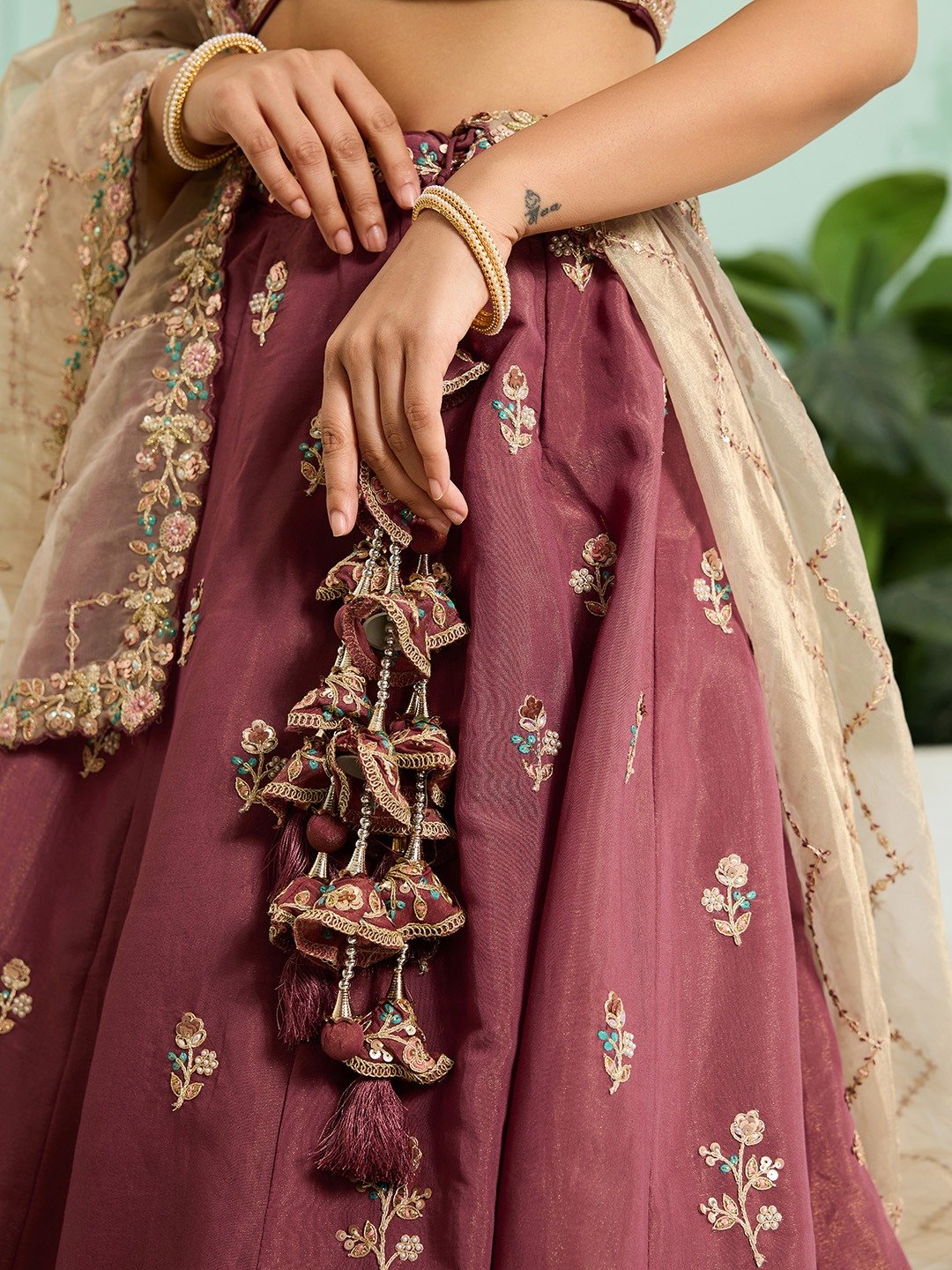 Rosegold- Georgette Fabric Sequins embroidery Semi-Stitched Lehenga & Unstitched Blouse With Dupatta