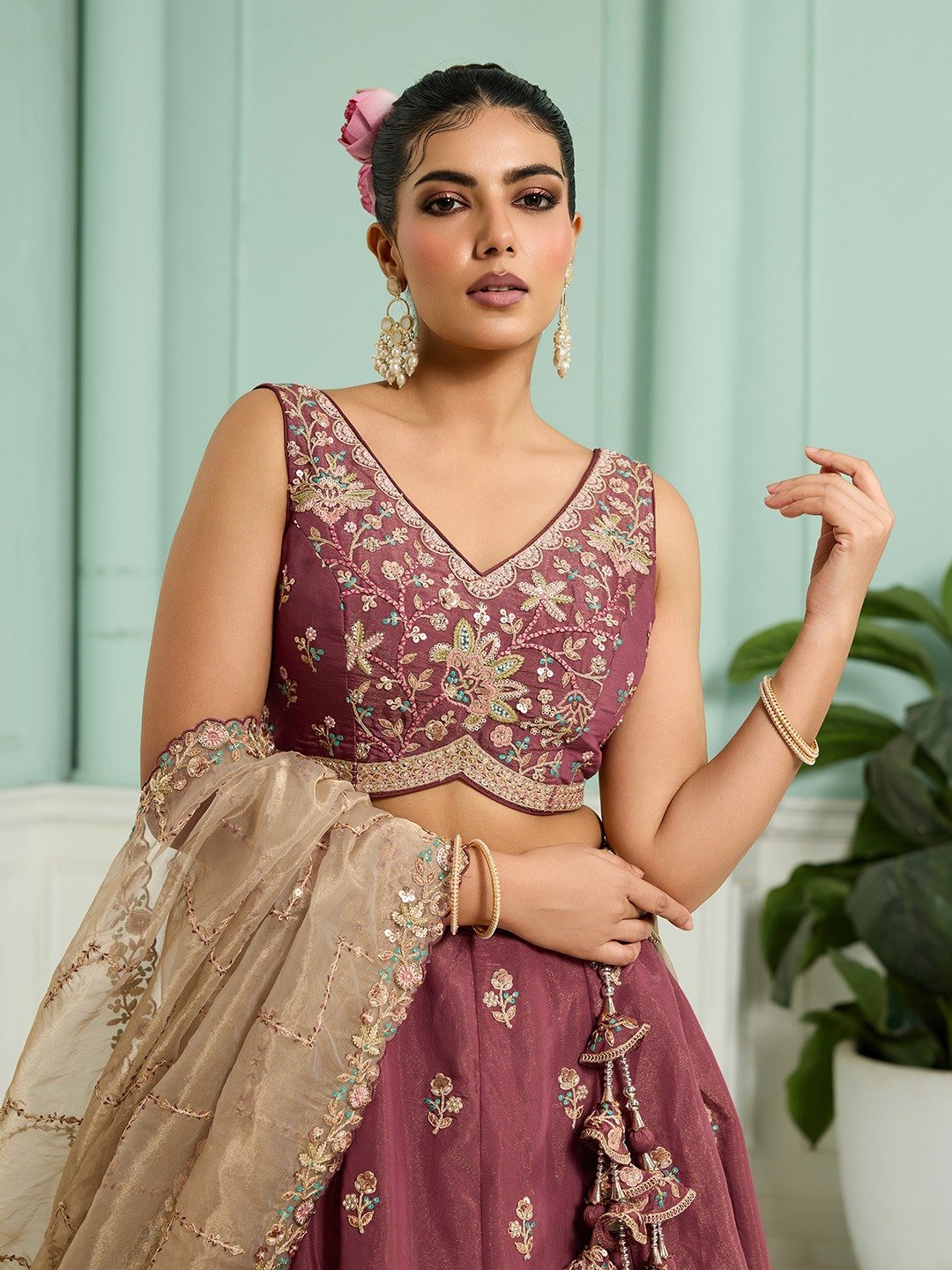 Rosegold- Georgette Fabric Sequins embroidery Semi-Stitched Lehenga & Unstitched Blouse With Dupatta
