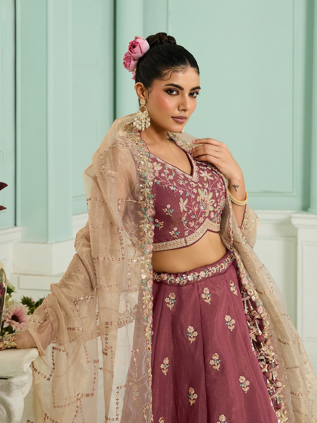 Rosegold- Georgette Fabric Sequins embroidery Semi-Stitched Lehenga & Unstitched Blouse With Dupatta