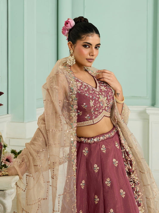 Rosegold- Georgette Fabric Sequins embroidery Semi-Stitched Lehenga & Unstitched Blouse With Dupatta