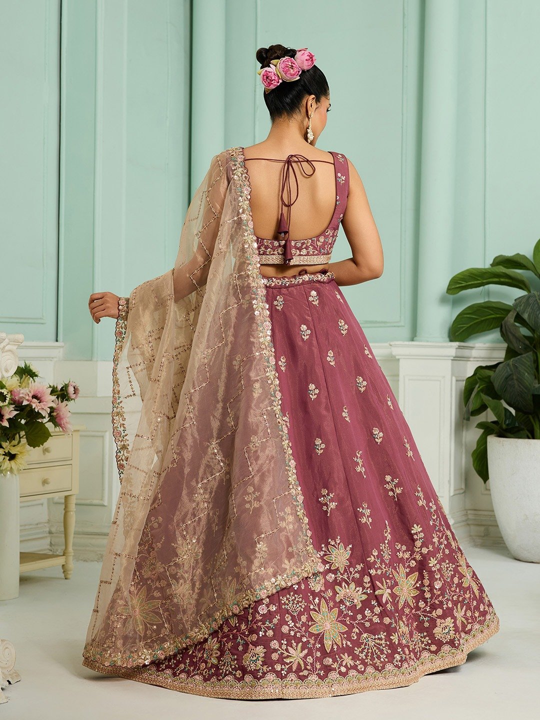 Rosegold- Georgette Fabric Sequins embroidery Semi-Stitched Lehenga & Unstitched Blouse With Dupatta