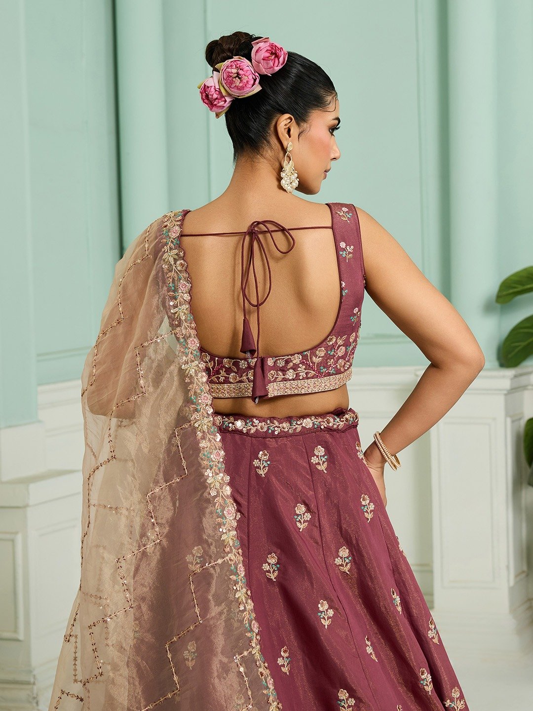 Rosegold- Georgette Fabric Sequins embroidery Semi-Stitched Lehenga & Unstitched Blouse With Dupatta