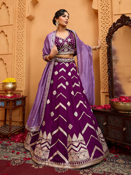 Burgundy- Silk Fabric Sequins embroidery Semi-Stitched Lehenga & Unstitched Blouse With Dupatta