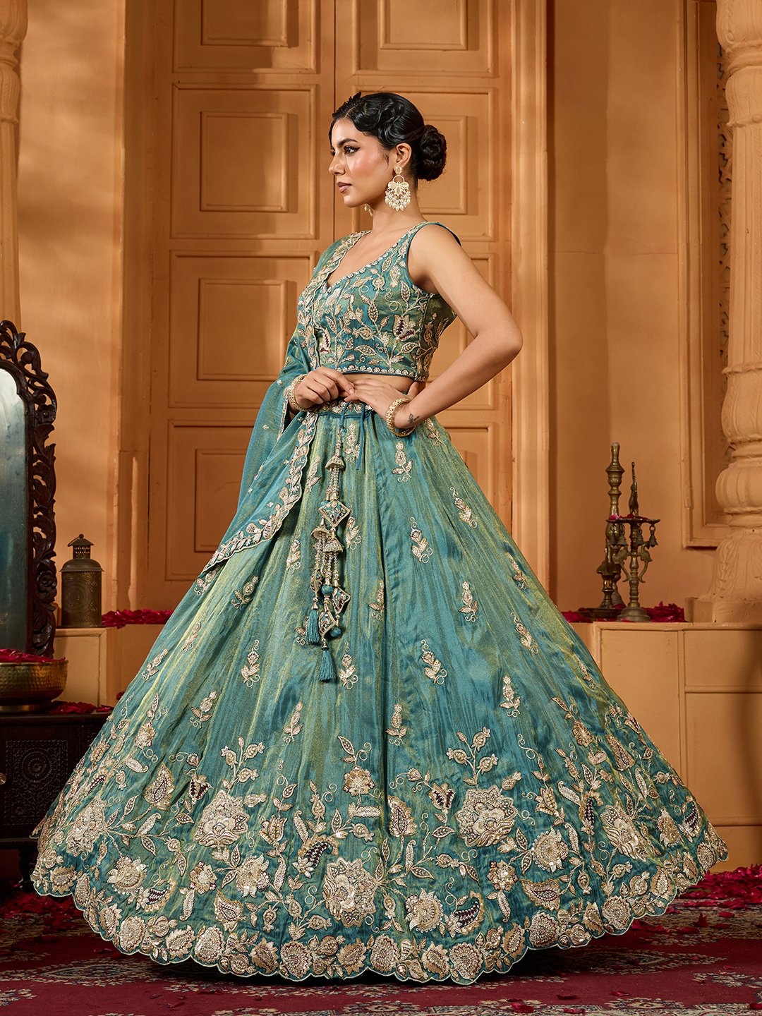 Green- Tissue Fabric Sequins embroidery Semi-Stitched Lehenga & Unstitched Blouse With Dupatta
