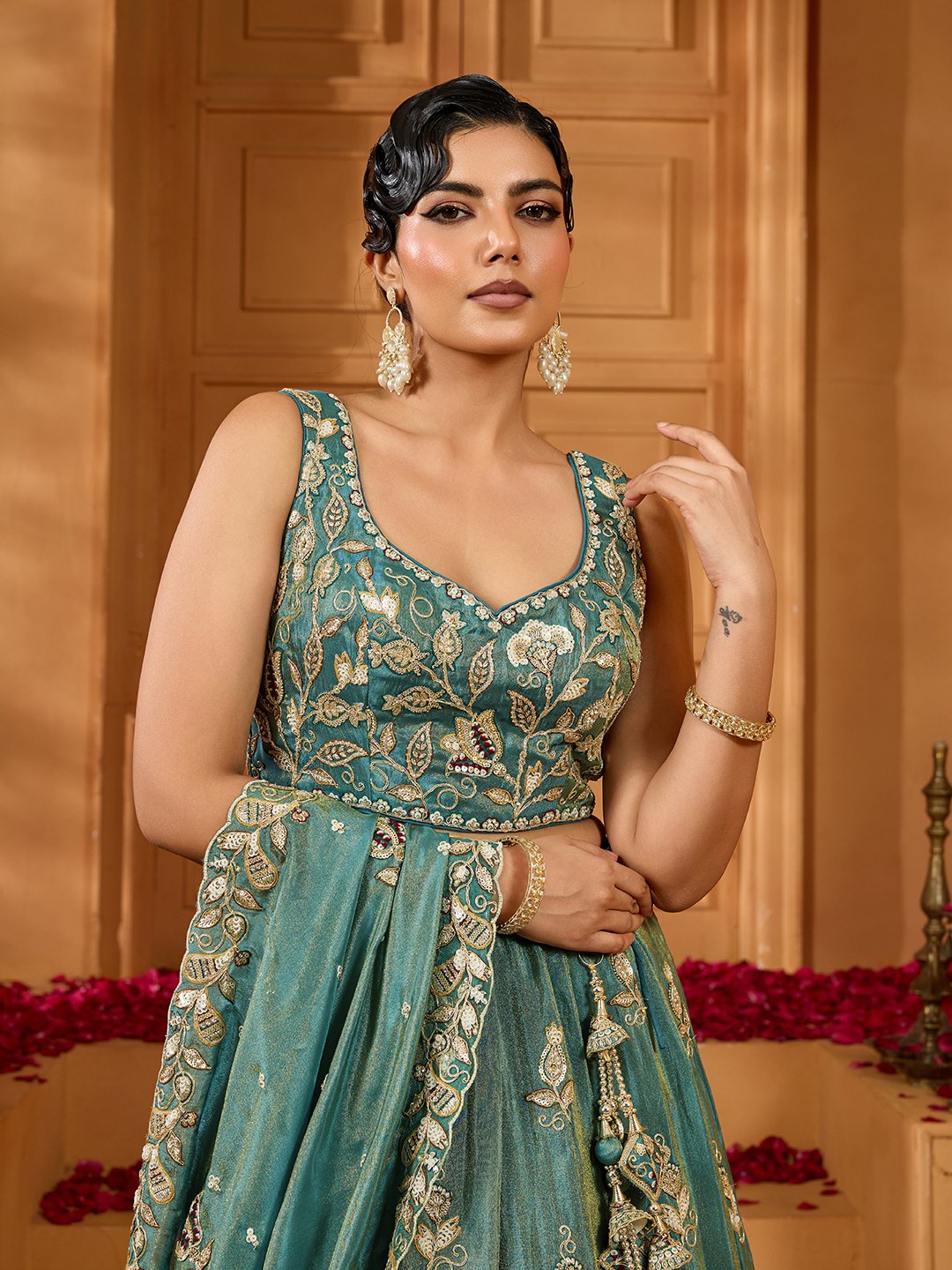 Green- Tissue Fabric Sequins embroidery Semi-Stitched Lehenga & Unstitched Blouse With Dupatta