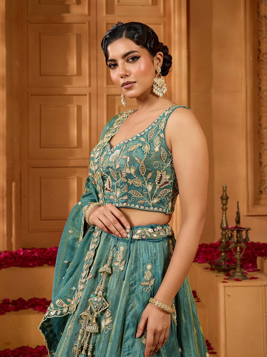 Green- Tissue Fabric Sequins embroidery Semi-Stitched Lehenga & Unstitched Blouse With Dupatta
