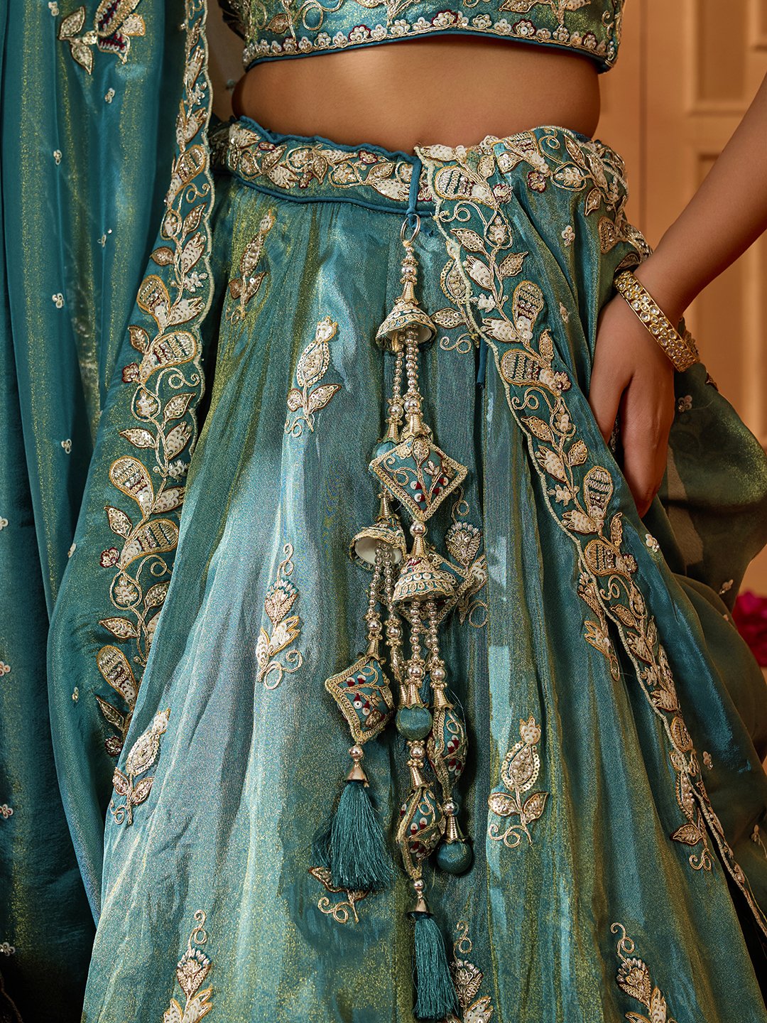 Green- Tissue Fabric Sequins embroidery Semi-Stitched Lehenga & Unstitched Blouse With Dupatta